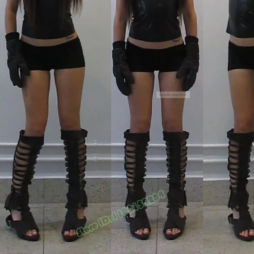 Hollow Straps Buckles Sandals Open Toe Solid Knee High Sandals Stiletto Heels Summer Women Sexy Shoes Party Casual Designer Shoe