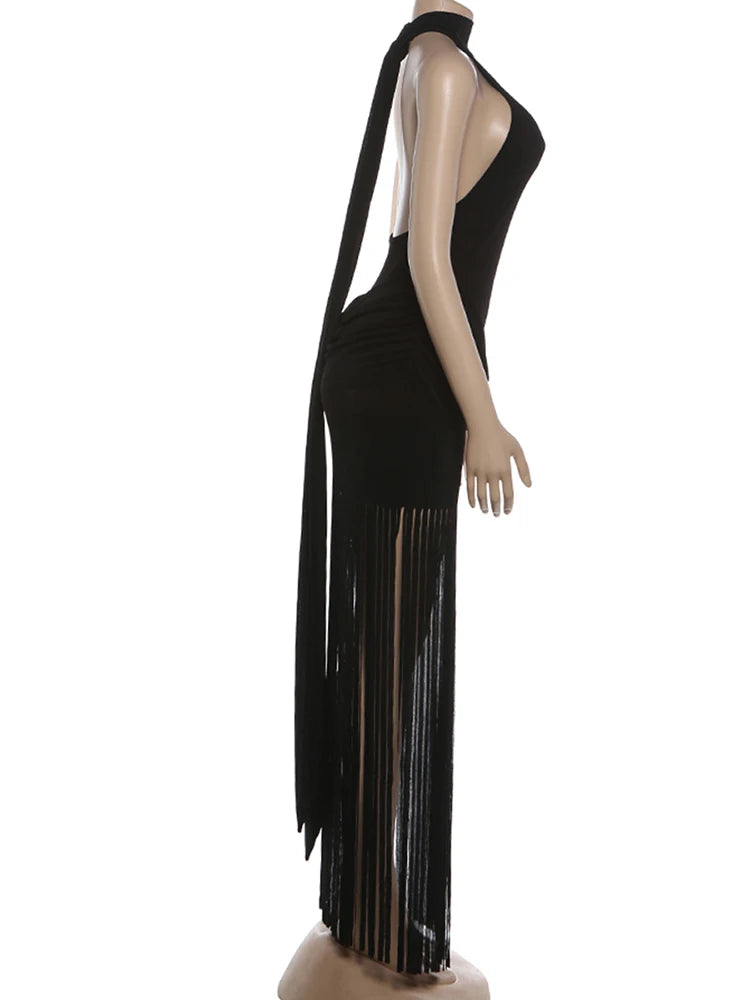 Weird Puss Velvet Halter Dress Women Ruched Patchwork Tassel Hem Backless Bodycon