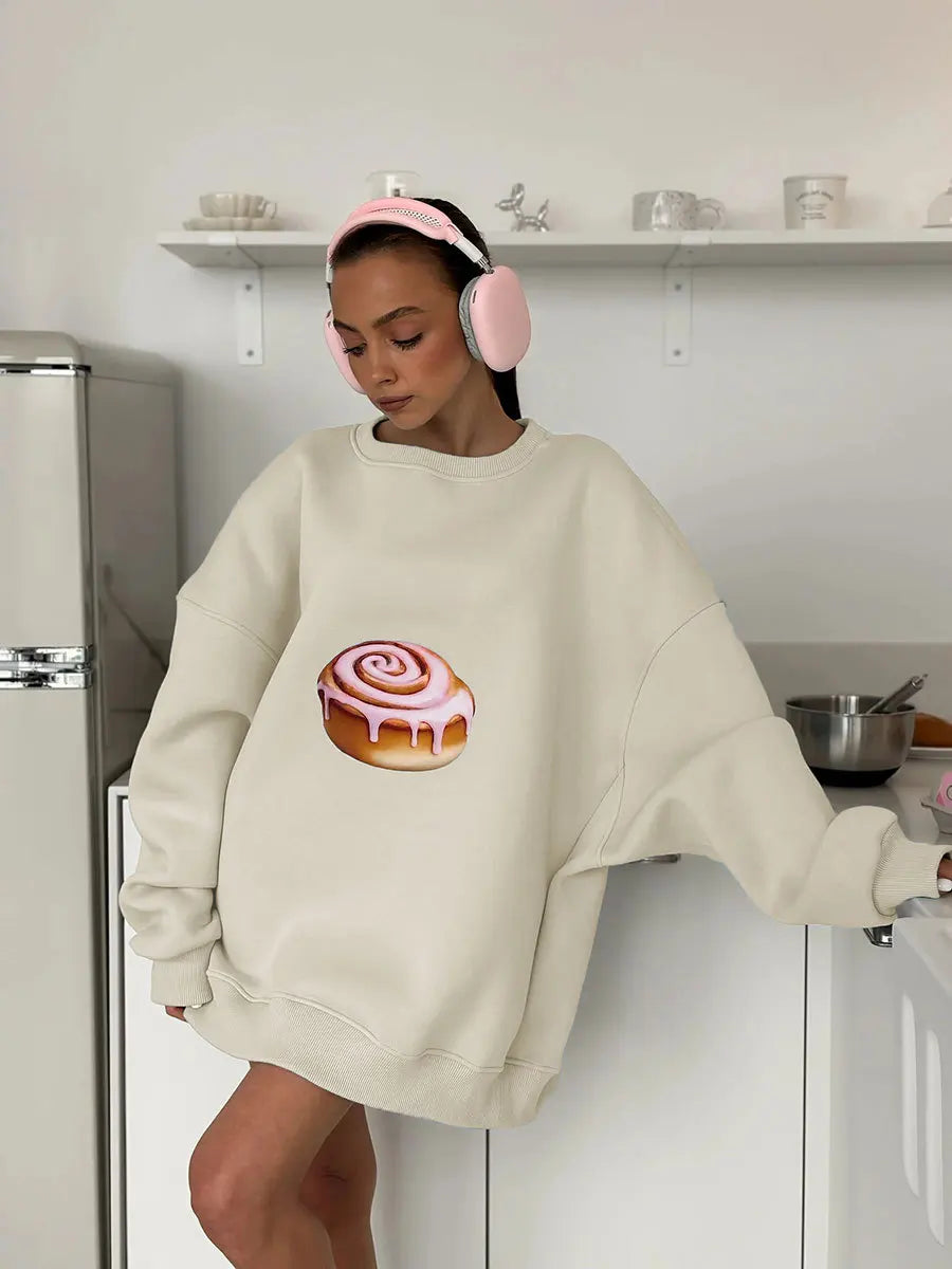 Sumuyoo Cake Printed Pullover Women's New Autumn Winter Plush Loose Slimming Long Sleeves Sweatshirts O-neck Pullover Hoodie