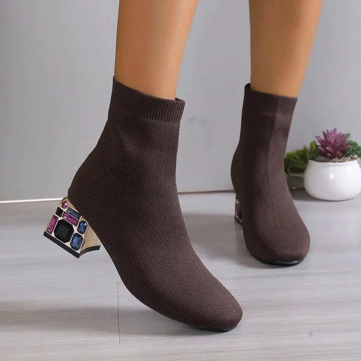 Women Hot Sale High Heels Short Boots 2023 Winter Designer Square Toe Mesh Breathable Stretch Sock Boots Slip on Platform Shoes