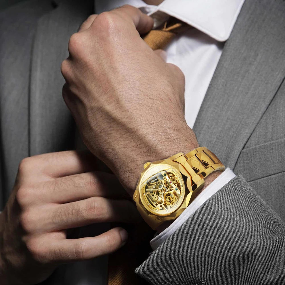 Forsining Fashion Tourbillon Skeleton Automatic Mechanical Watch for Men Luminous Hands Iced Out Watches Stainless Steel Strap