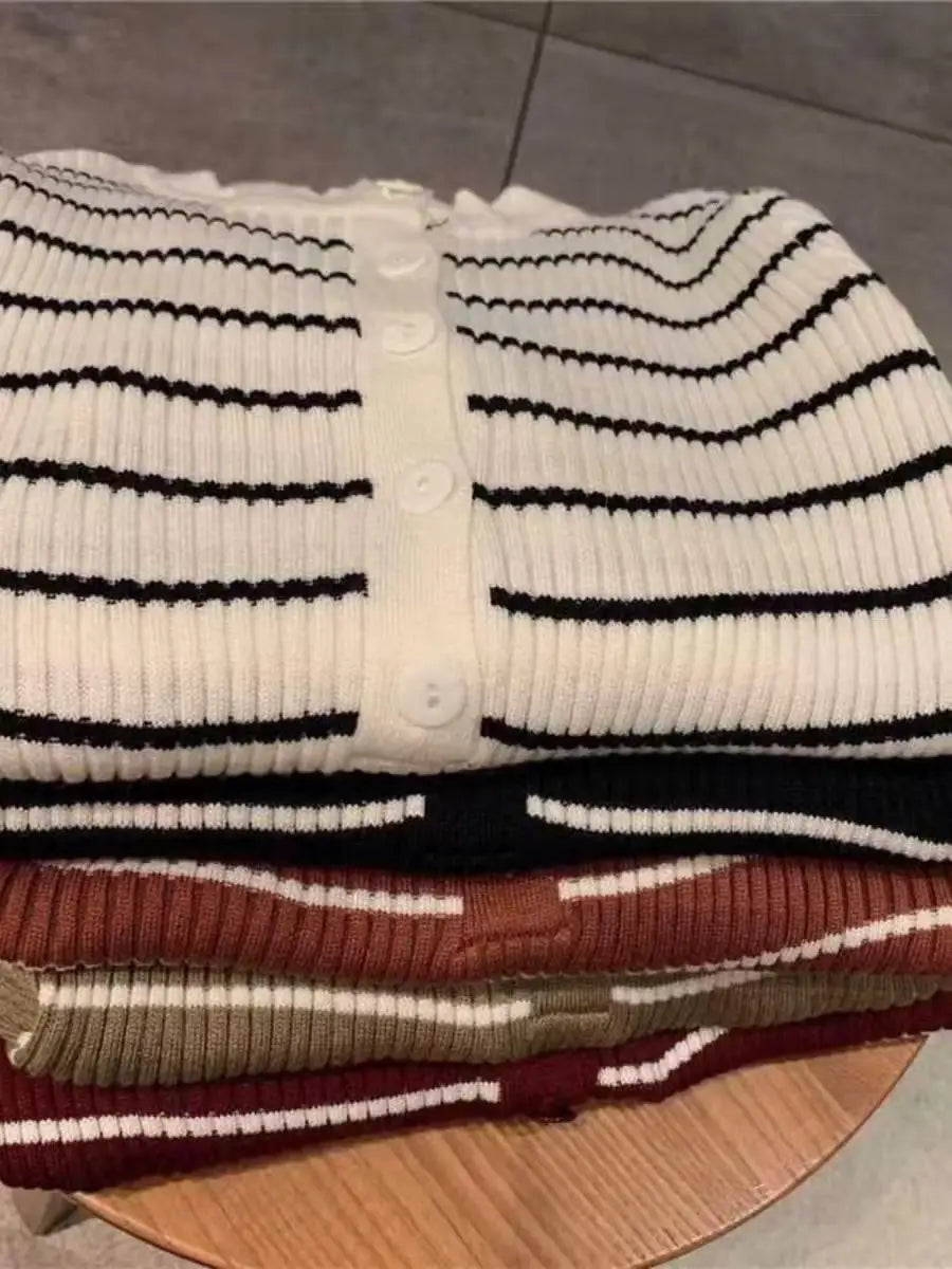 ITOOLIN Women Stripes O-neck Buttoned Up Sweaters Long Sleeve Knitted Sweater Slim Women Jumpers Tops Autumn Winter One Size