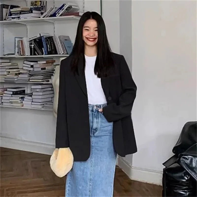 Back Slit Design Blazer Coat For Women Casual Korean Streetwear Chic Long Sleeve