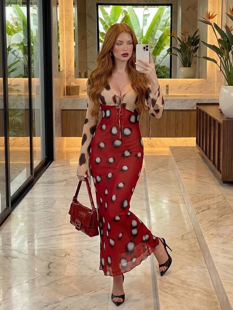 Women Two Tone Dot Print Long Sleeve Split Midi Dress Y2K Deep V Drawstring Slim Mermaid Skirt 2026 Street Club Party Outfit