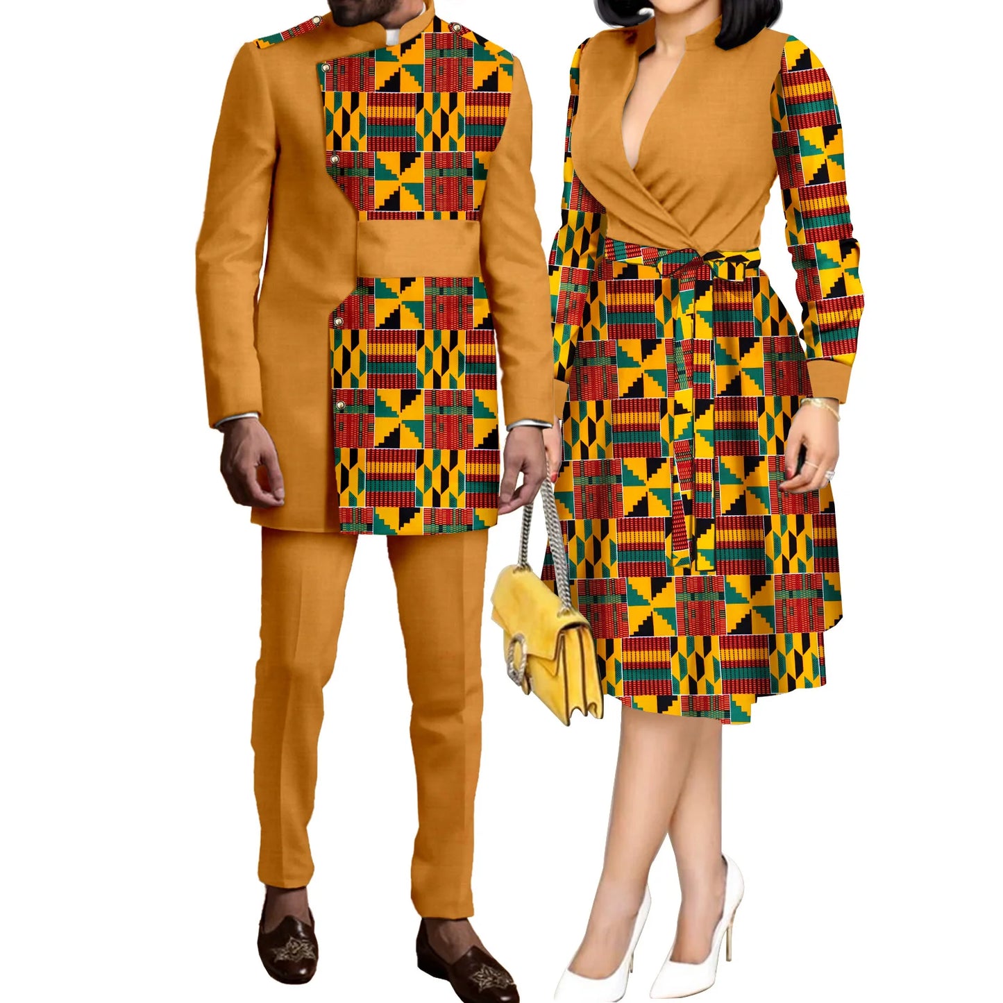 SEA&ALP African Kente Prints Couple Clothes for Wedding Dashiki African Men Long Sleeved Pants Set Matching Women Dresses