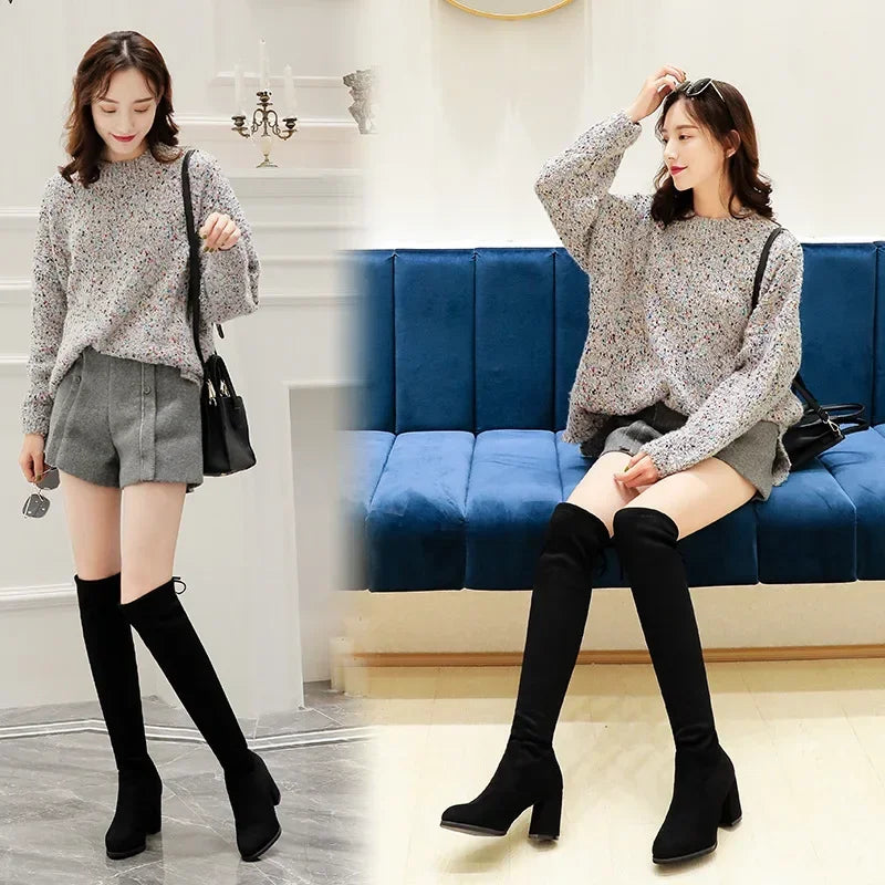 Stretch Long Faux Suede Boots Women Over-the-knee Boots Casual Black Sexy Nightclub Platform Shoes for Women Autumn Women Bottes
