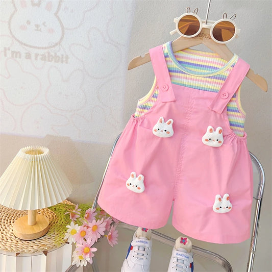 Baby Girls Clothing Sets Children Summer Clothes Cartoon Rabbit Stripe Vest Shorts 2 Pieces Suit Kids Casual Clothes Outfits