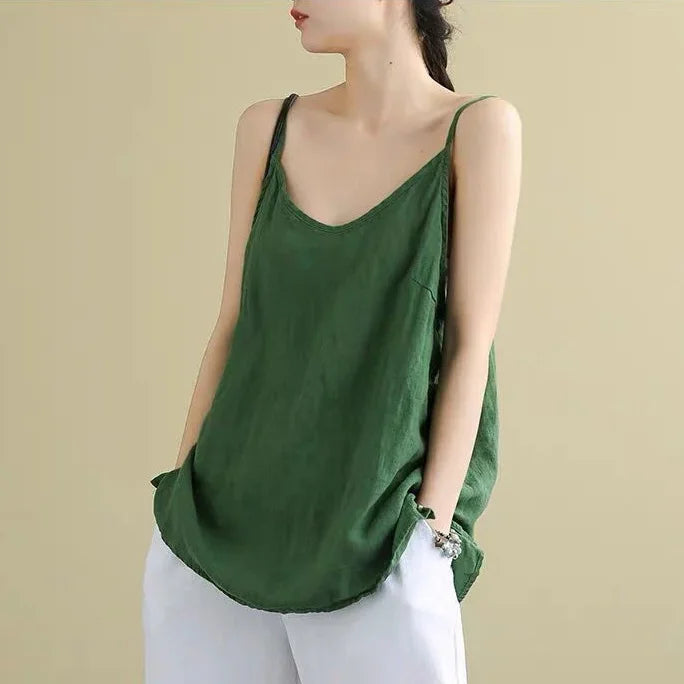 Women's Summer Top Cotton Linen Spaghetti Strap Top Women Halter V Neck Basic Yellow Sleeveless Tank Tops Loose Casual Camis