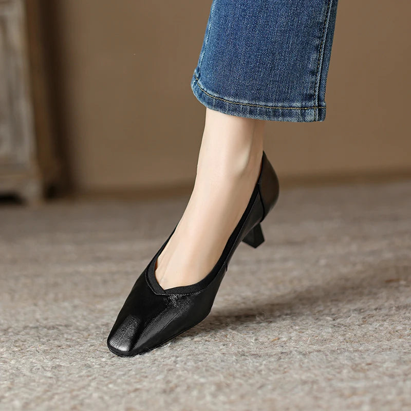 【JOCHEBED HU】Brand Genuine Leather Square Toe Women Pumps Slip Mid Heels Solid Color Dress Party Spring Autumn Shoes Handmade