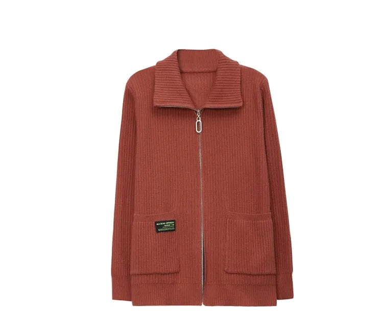 Knitted Cardigan Jacket Women Zipper Lapel Sweater Autumn Winter Outerwear