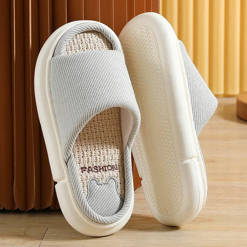 Couples Home Linen Slippers Women Indoor Soft Comfortable Bedroom Slides Men Leisure Non Slip House Shoes Platform Cotton Flats