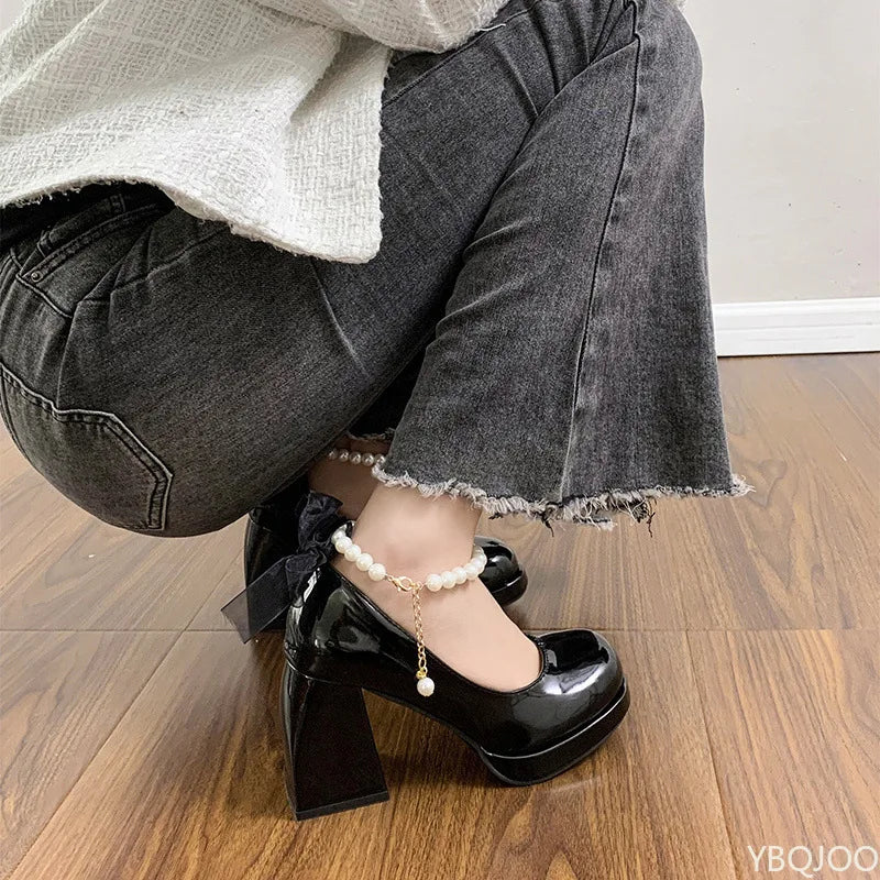 Ladies' elegant high heels Chunky Platform High Heels Women Leather Ankle Buckle Mary Jane Shoes Woman Pearl Pumps Zapatos Mujer