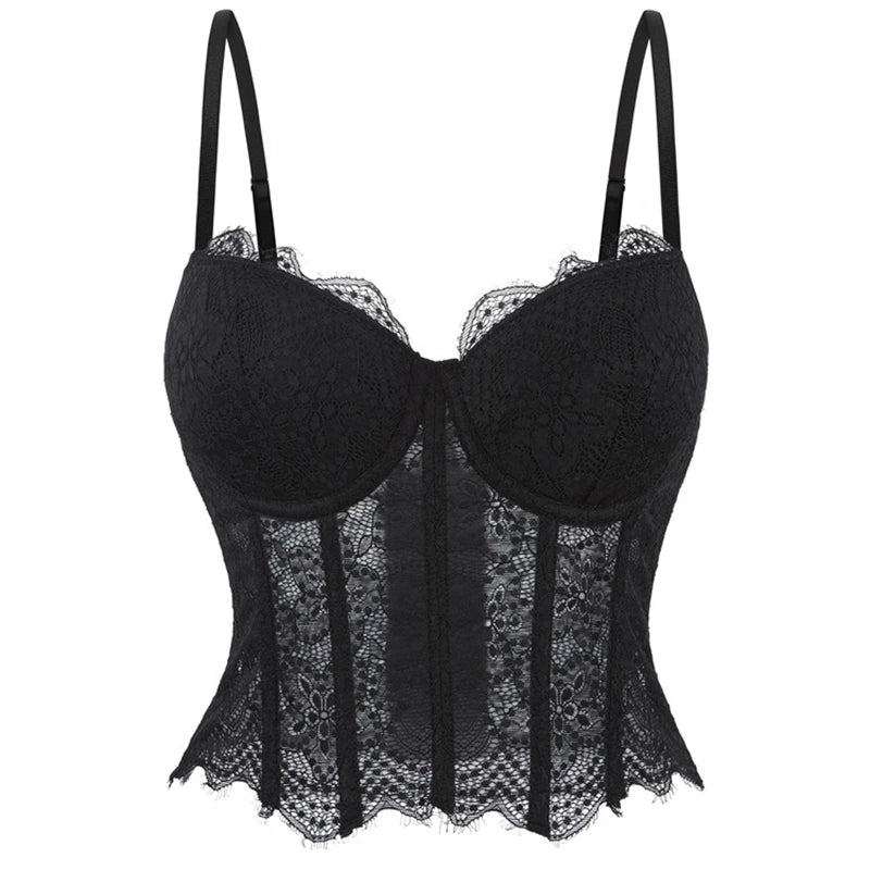 Women Corset Lace Fish Bone Bustier Vest Sexy Mesh Breathable Crop Top White Spaghetti Strap Lace Bra Burlesque Lingerie
