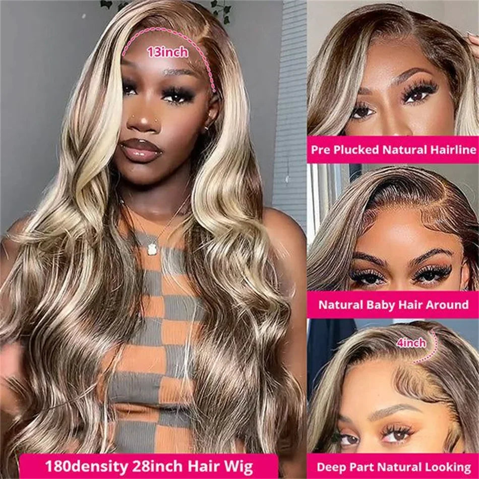 HD Body Wave 4/613 Blonde Ombre Lace Front Human Hair Wigs Remy Vietnamese 34 36 Inch Colored 13x4 Lace Frontal Wigs Pre Plucked