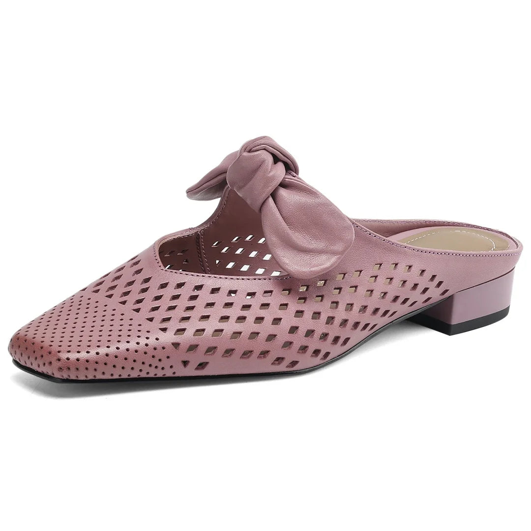 2025 Summer new plus size 34-41 women's hollow-out cow leather slip-on flats summer slides sandals sweet bowtie elegant mules