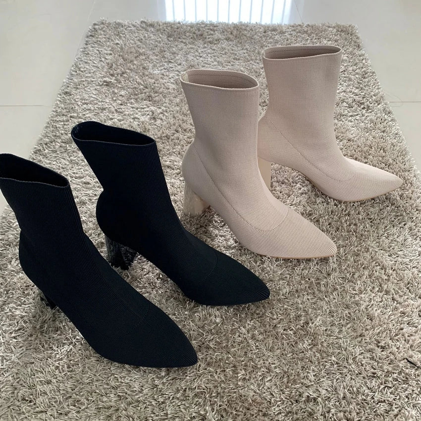 2025 Autumn Winter Knitted Stretch Fabric Socks Boots Women Low Heel Short Boots Pointed Toe Female Ankle Booties Size 42
