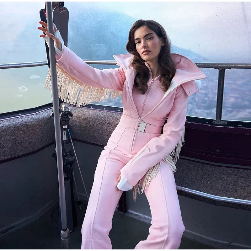 Women  Fur Collar Hooded Skiwear Fashion Solid Thicken Zipper High Waist Slim Outdoor Overalls Jumpsuit  Lady Winter Outwear