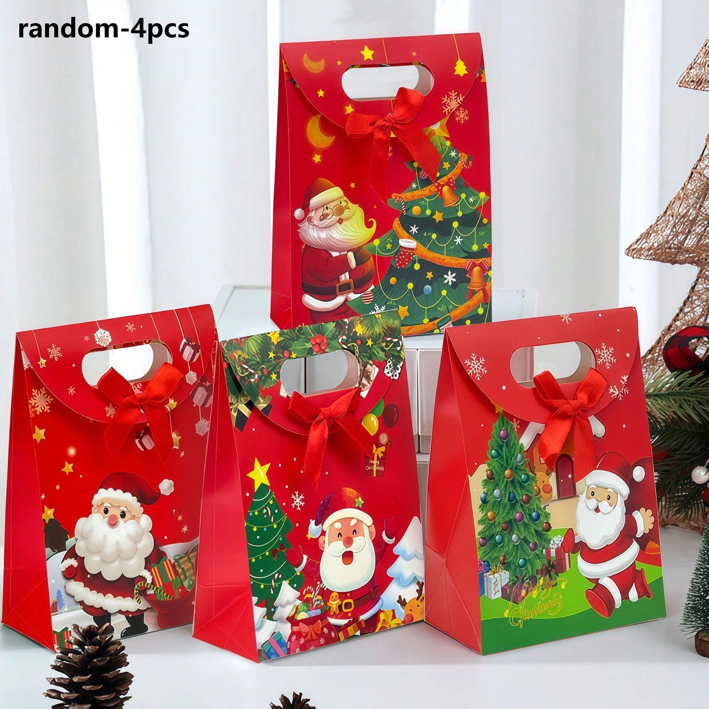 4pcs/12pcs Christmas Paper Red Bag With Ribbon Candy Gift Bags Wrapping Chocolate Desserts Snack Spring Festival Suppily