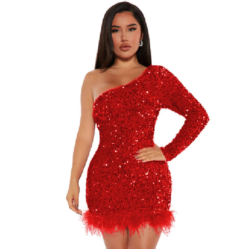 Sexy and Elegant Women's Party Dress Long Sleeved Diagonal Shoulder Off Shoulder Sparkling Edge Sequin Tight Women's Prom Dress
