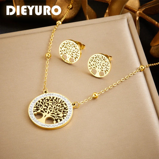 DIEYURO 316L Stainless Steel Circular Hollow Tree Of Life Golden Necklace Earrings Girl 2024 New Fashion Jewelry Set Party Gift