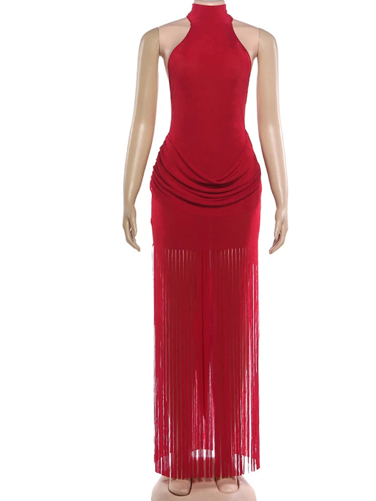 Weird Puss Velvet Halter Dress Women Ruched Patchwork Tassel Hem Backless Bodycon