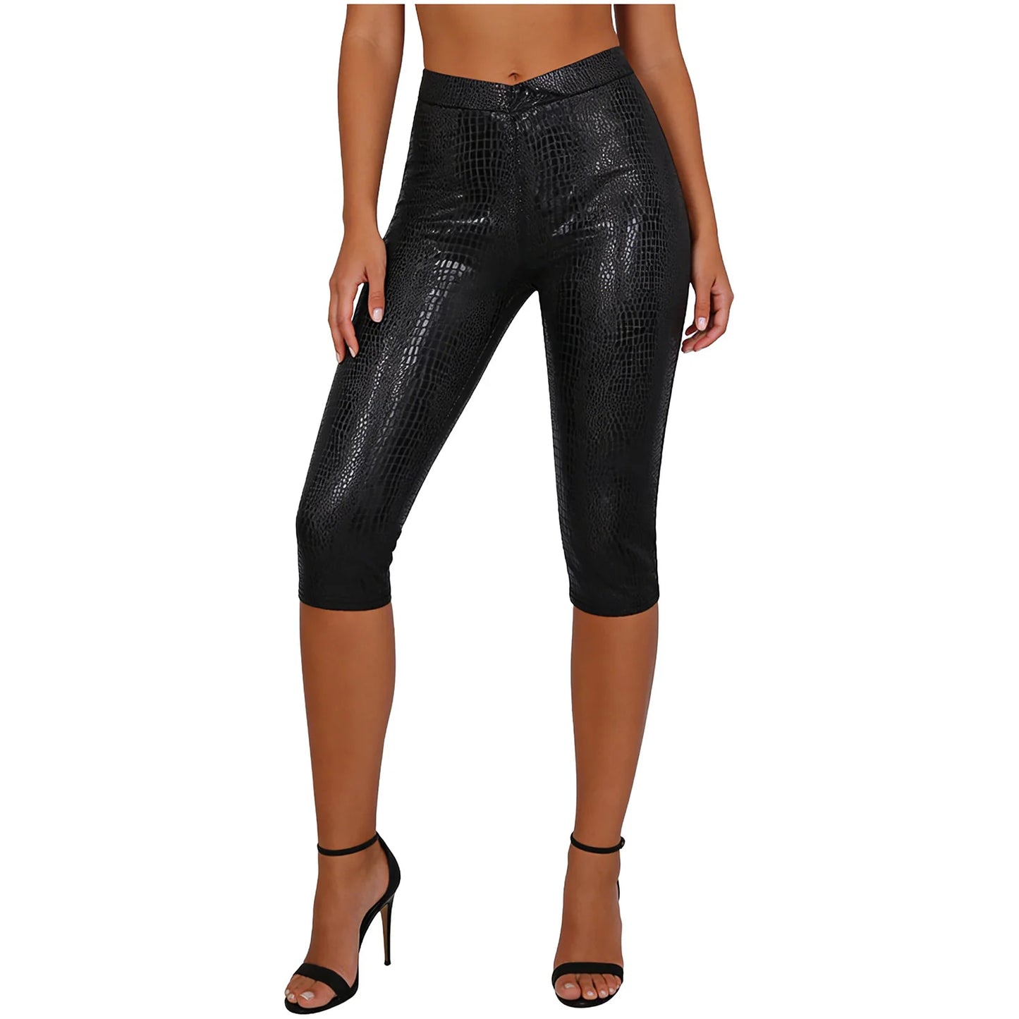 Womens Tights Skinny Pants Metallic Shiny Snake-skin Pattern Capri Pants V-shape Elastic Waistband Rave Party Nightclub Costume