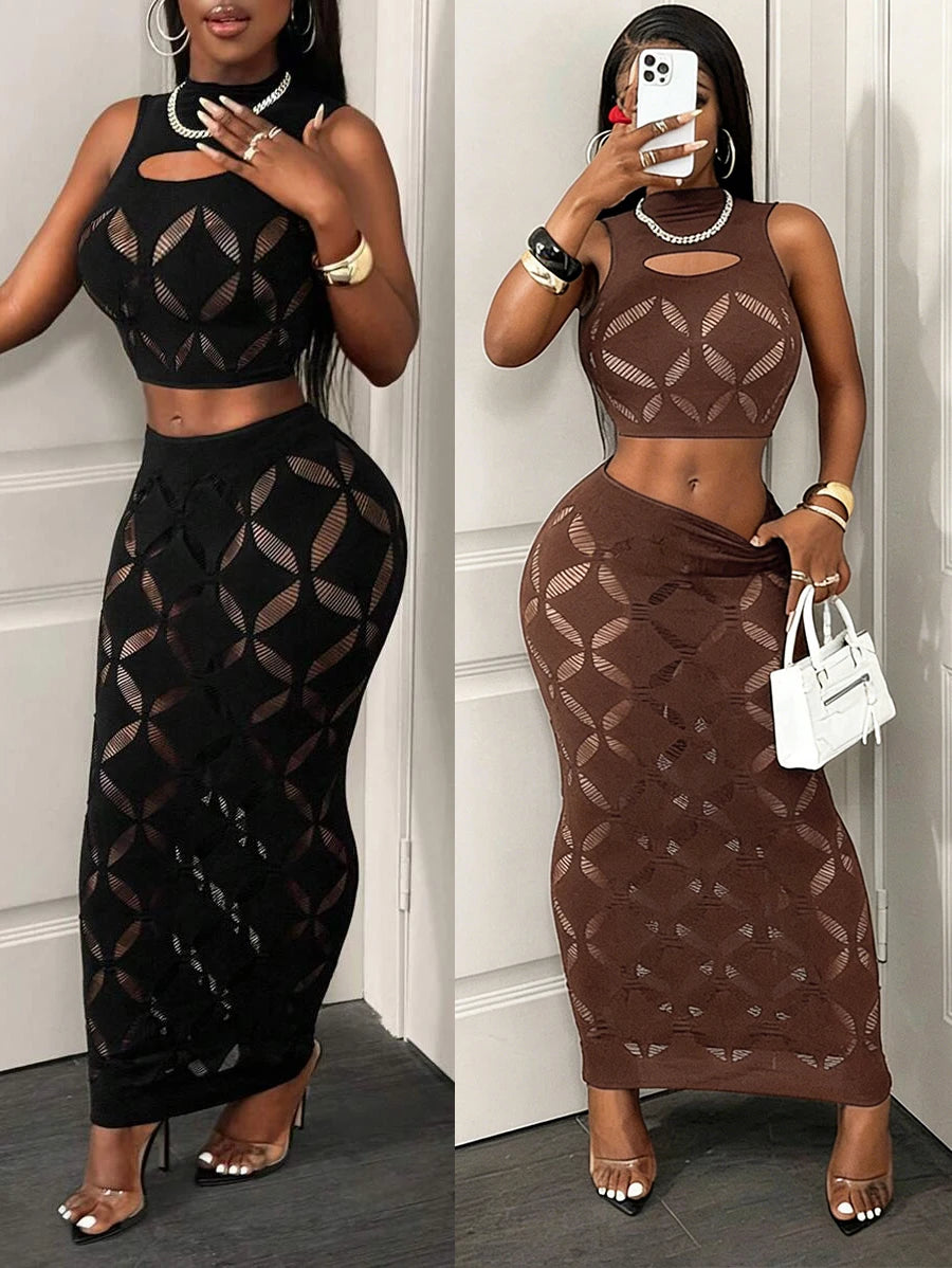 FHSEER Plus Size 2 Piece Women Sexy Mesh Crop Tank High Waist Bodycon Mini Skirt