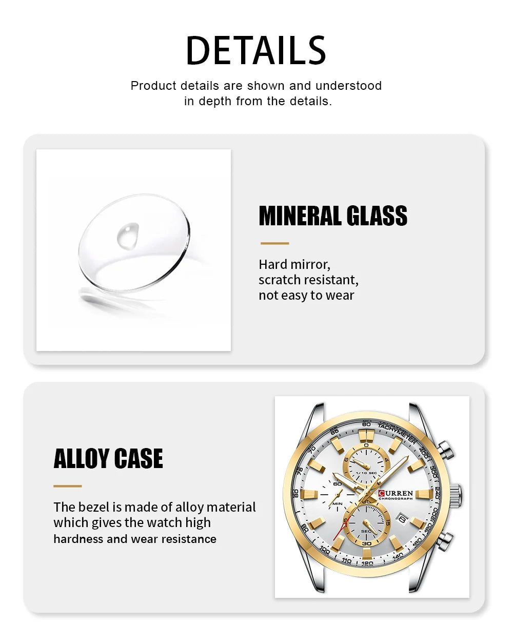 CURREN  New Sports Multifunction Stainless Steel Band Watches Fashion Brand Quartz Men's Wristwatches with Date