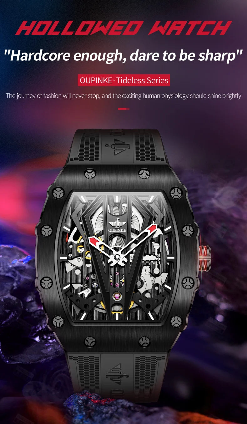 OUPINKE 3179 Automatic Watches for Man Silicone Strap Sapphire Mirror Waterproof Skeleton Tonneau Mechanical Men's Wristwatches