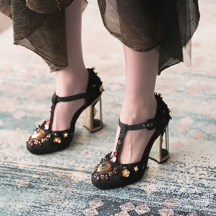 Light Blue Silk Women T-strap Pumps Platform Metal Flowers Decor Wine Red Wedding Shoes 10cm Fretwork High Heels Chaussure Femme