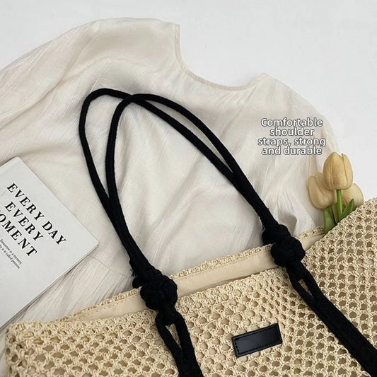 Handmade Straw Woven Bags Large Capacity Zipper Closure Beach Handbags Top-Handle Solid Color Women's Shoulder Bags
