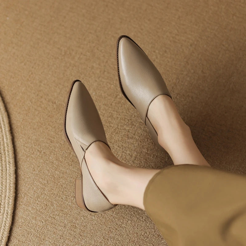Women's New Simple and Comfortable Vintage Leather Pointed High Heels Large Lefu Shoes