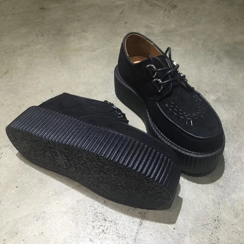 Black Harajuku Shoes Classic Lace UP Wedge Heels Platforms Creepers Punk Shoes Casual High Heels Women Platform Shoes