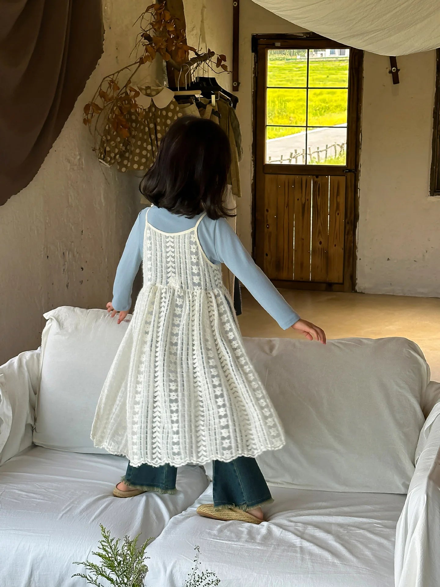 Girl Casual Dresses Autumn Winter Childrens Clothing New Korean 2026 Lace Camisole Skirt Washing Retro Make Old Jeans