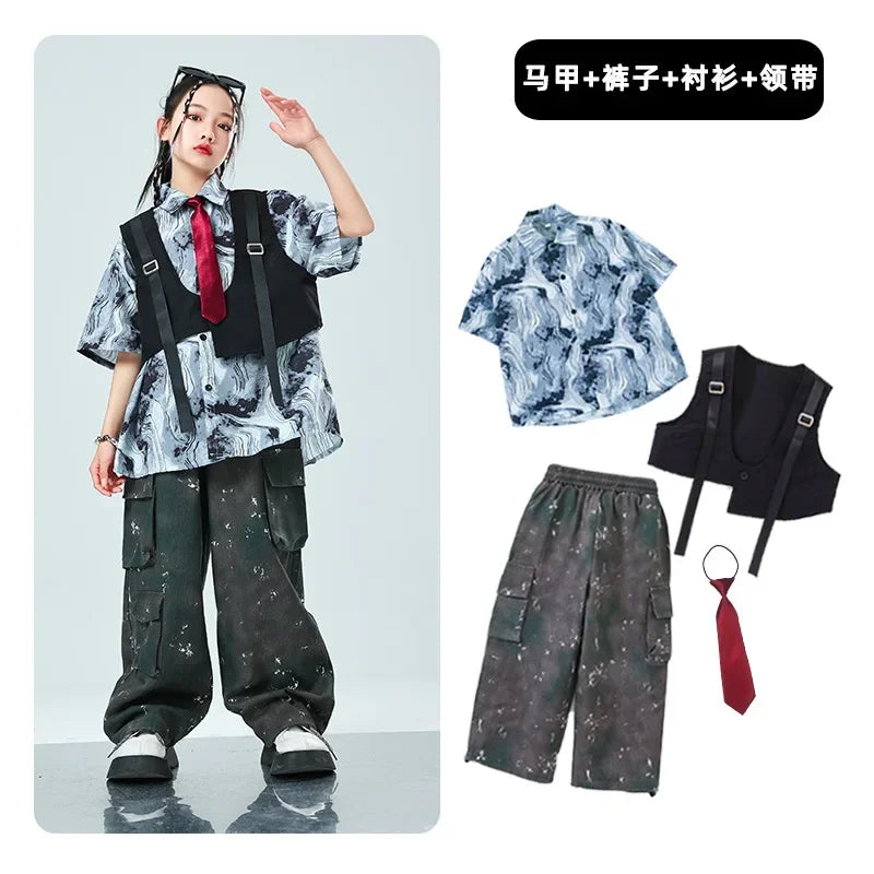 Kids Tracksuits Teens Stage Fashion Show Dance Clothes Boys Girls Suits Sets Vest Pant Shirt Children Jazz Hip Hop Costumes
