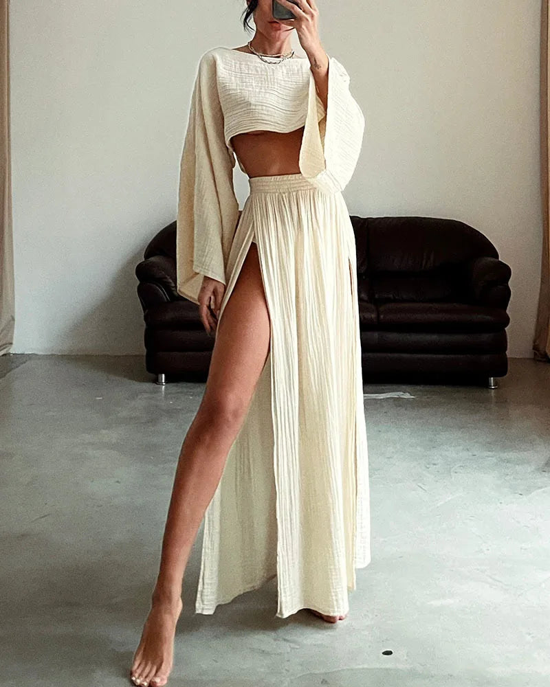Casual Holiday Style Simple Solid Color Skirt Set Linen Blended Short Top High Waist Chic Split Cotton Linen Two-piece Set