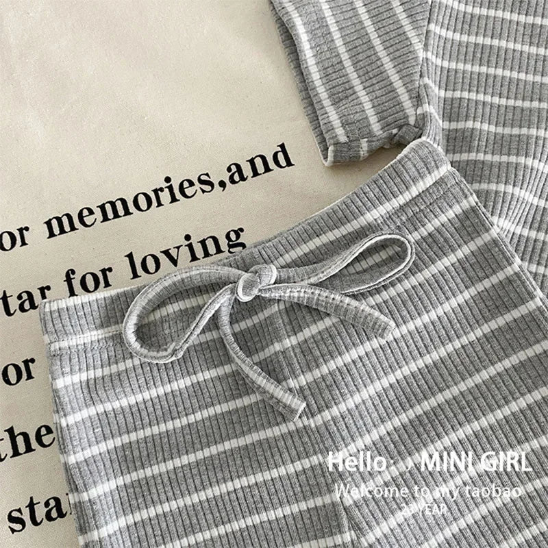 Summer Girls Sets Children's Fashion Striped Suit Kids Short-Sleeved Round Neck Top Trousers 2Pcs Bew Casual Clothing Outfit