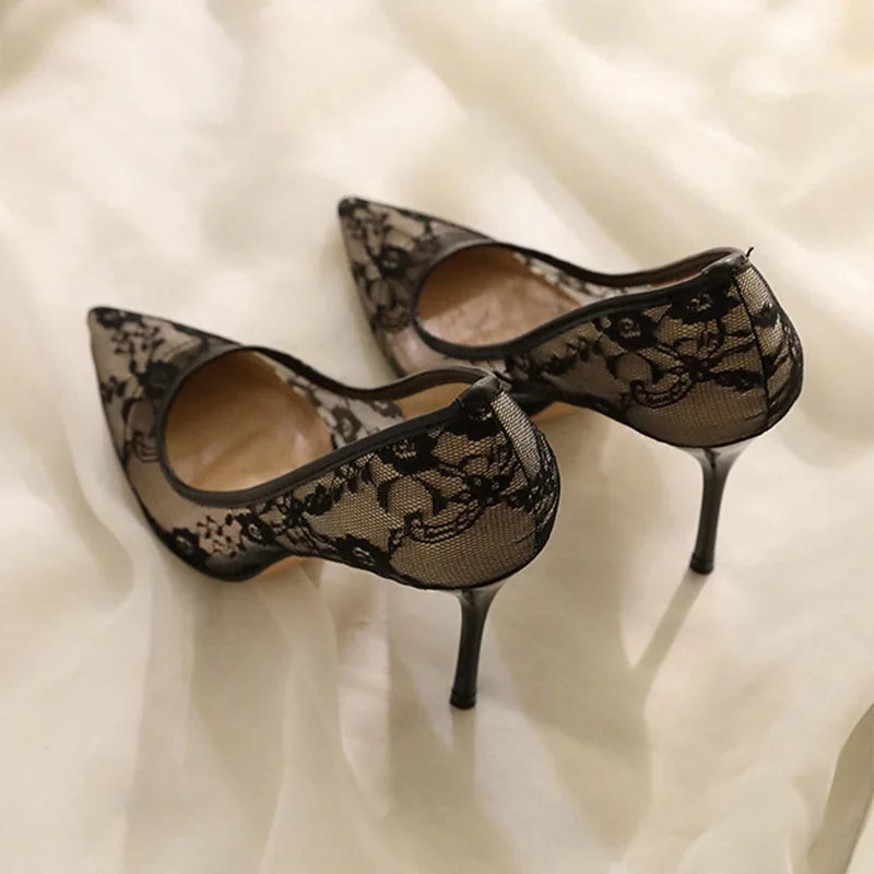 2024 Summer New Europe and The United States Sexy Slim High Heels for Women Slim Heel Shallow Mouth Pointed Lace Single Shoes