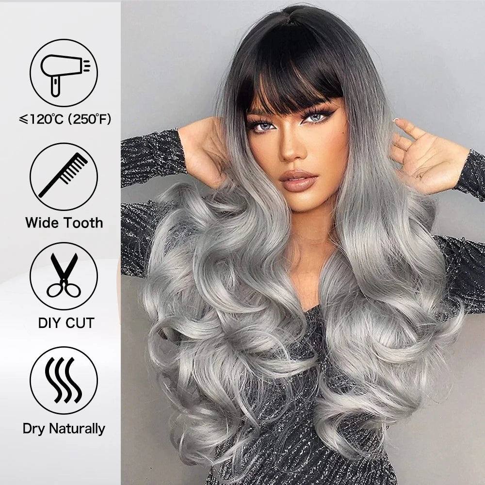 Long Wavy Silver Ash Ombre Cosplay Synthetic Wigs Natural Curly Gray Black Hair Wig with Bangs for Women Afro Heat Resistant
