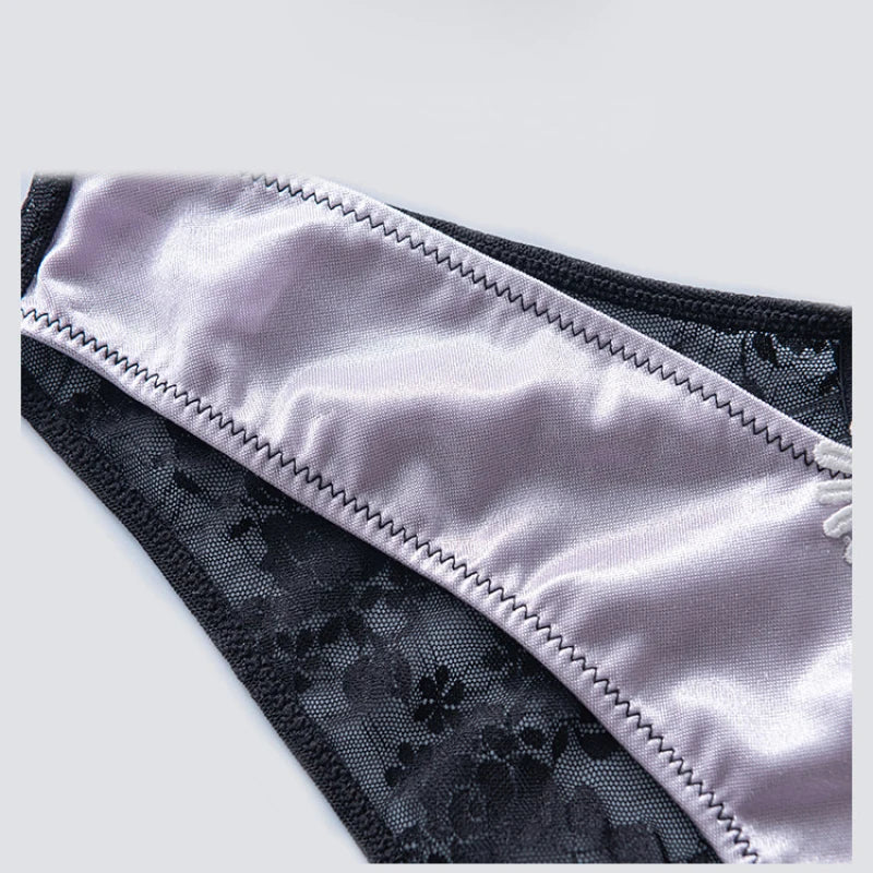 European Sizes Satin Luxury Style Women Sexy Low Waist V Shape Lace Flower Underwear Breathable High Stretch Soft Panties Breifs