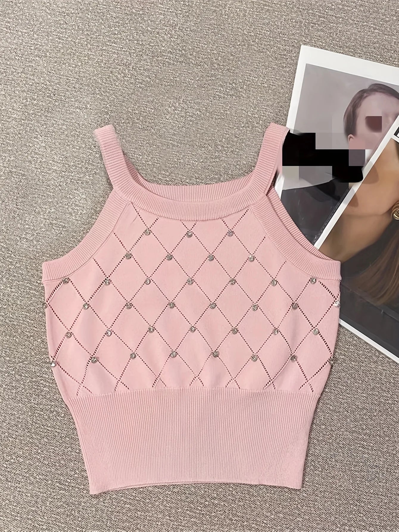 Solid Rhinestone Eyelet Spaghetti Top Casual Crew Neck Sleeveless Knitted Cami Top For Spring Summer Women's Clothing Crop Top