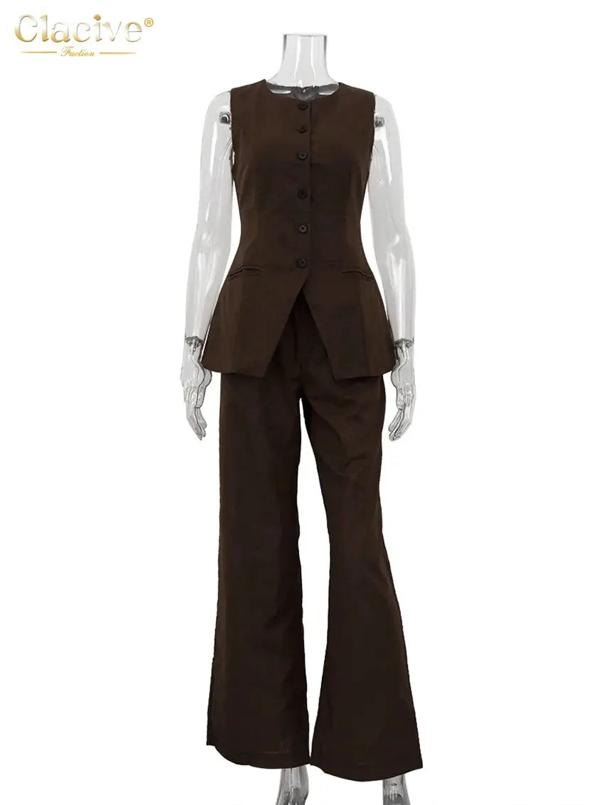 Clacive Summer Slim Brown Linen Pants Set 2 Piece Woman Fashion Sleeveless Tank Top With High Waist Wide Trousers Suits Female BAZAARHUBO