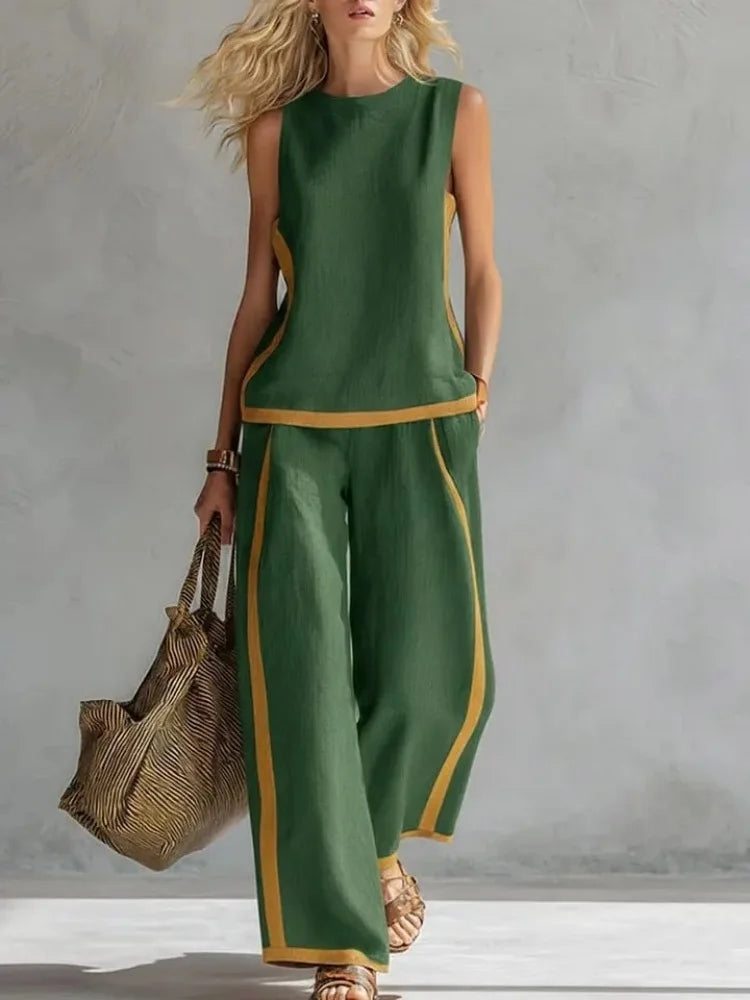 Women Two-piece Sleeveless Contrasting Color Wide-leg Trousers Suit - Loose O-Neck Pocket Sportswear Matching Set for Streetwear