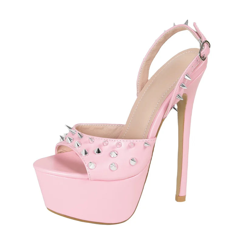 Liyke Brand Design Metal Rivet Open Toe Pink High Heels Platform Sandals For Women Summer Fashion Back Strap Party Dress Shoes