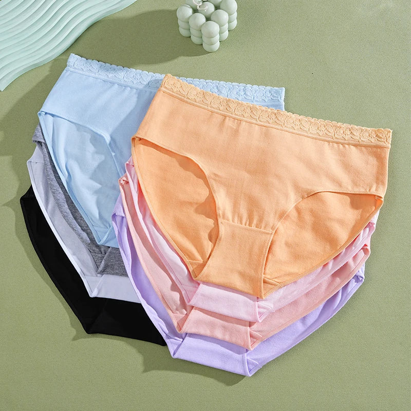 FINETOO 5PCS/Set Women Cotton Panties Sexy Low Waist Briefs Lace Cotton Female Comfortable Underwear Solid Color Soft Lingerie
