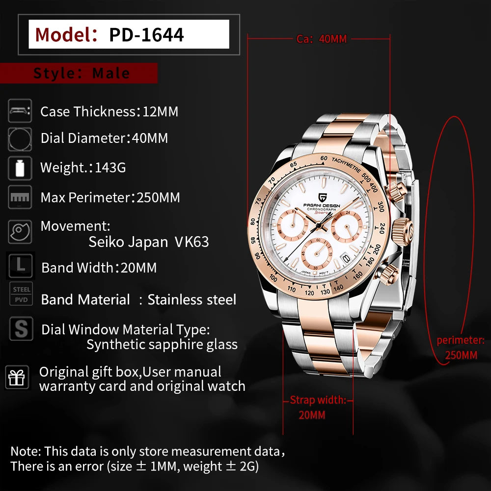 2026 New PAGANI DESIGN Rose Gold Chronograph Men's Watches Luxury Quartz Watch For Men Automatic Date Stainless steel Wristwatch