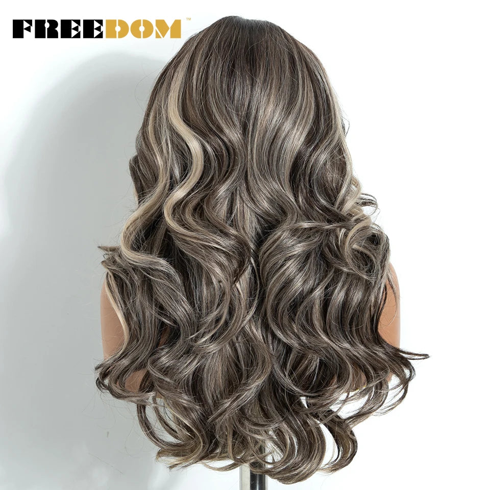 FREEDOM Synthetic Lace Front Wigs For Black Women 13x4 Free Part Body Wave Lace Wig 20 Inch Ombre Brown Highlight Cosplay Wigs