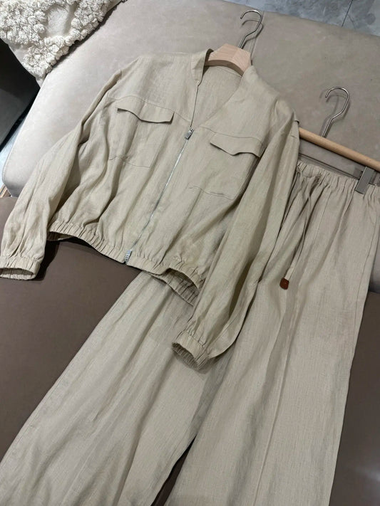 2026 Spring/Summer New High-Quality Linen Suit Set: Casual Jacket, V-Neck Coat, Loose Wide-Leg Pants, Slimming Two-Piece Set