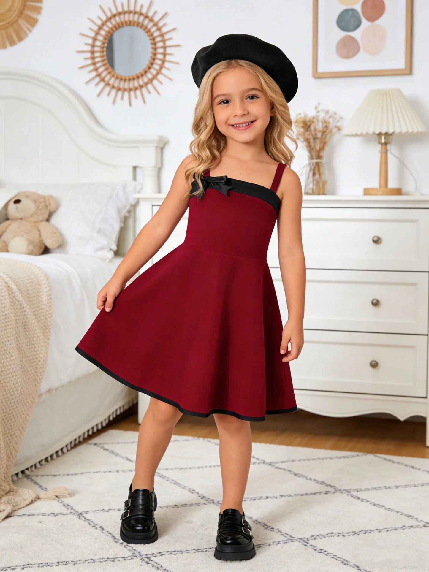 Summer fashion dress for girls, casual outdoor camisole bow dress for girls, suitable for daily and outdoor activities