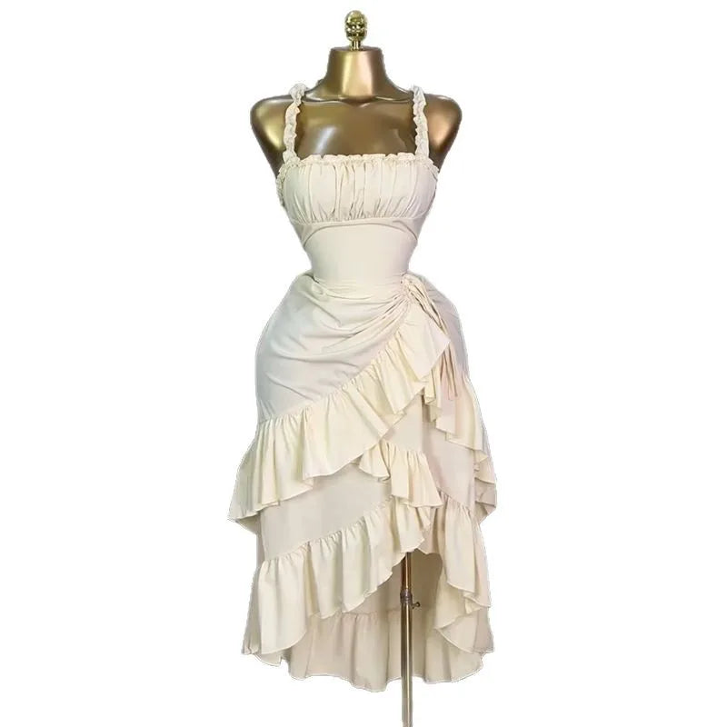 2025 Summer Women's Long Skirt with Strap and Ruffle Hem, High Waist Slimming Dress